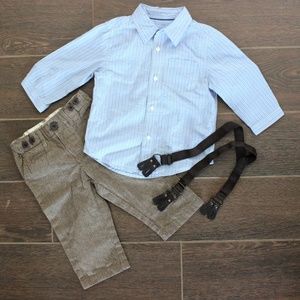 12 Month Baby Boy Paper Boy Outfit Set Pants Shirt Suspenders Blue Brown